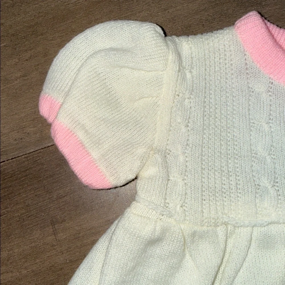 VTG Cradle Knit Baby Dress Cream & Pink Pointelle Knit w/ Floral Embroidery 9M